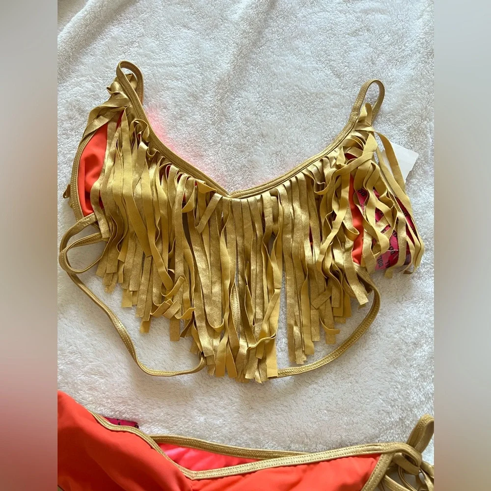 Doll Swimwear Corral and gold trim fringes scrunch butt two piece set